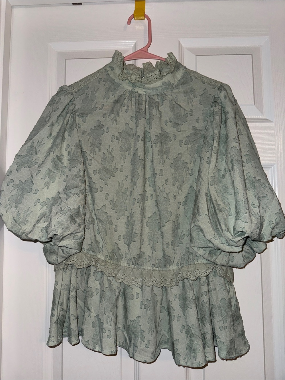 Women's Sage Green Puff Sleeve Peplum Blouse